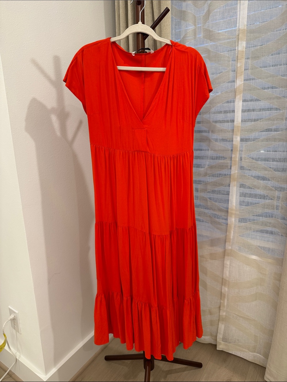 Zara Bright Red V-Neck Tiered Maxi Dress
